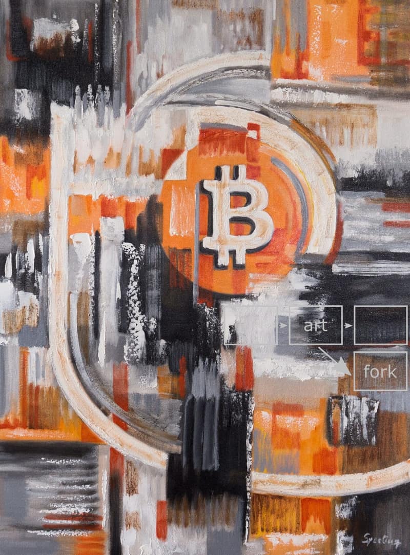 Bitcoin Lightning, oil painting with an orange Bitcoin symbol at the centre, surrounded by grey, black and orange brushwork, and an “art → fork” diagram at lower right (2018 archive photo).